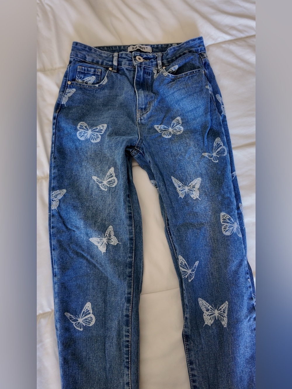 Straight Leg Women's Jeans with White Butterfly Print - Blue - Picture 2 of 3